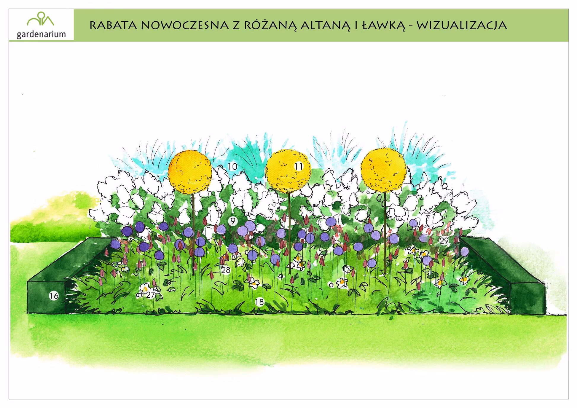 Nr 0009 Rabata nowoczesna z różaną altaną i ławką Nr 0009 Rabata nowoczesna z różaną altaną i ławką